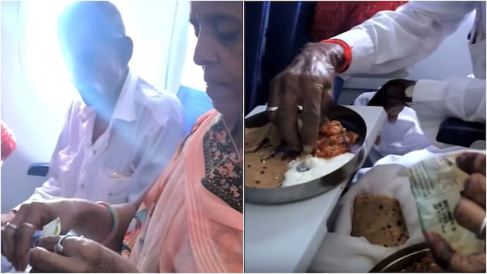 An elderly couple were seen eating a home-made meal on a steel plate in an IndiGo flight. (Photos: X/@magadhupdates) indigo