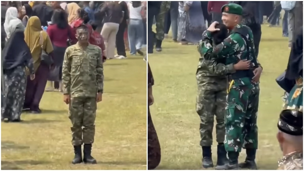 Indonesian Army recruit stands alone at graduation, breaks down as commander hugs him (Photos: @ednoghalyno/Instagram) Indonesian Army recruit stands alone at graduation, commander’s hug moves him to tears