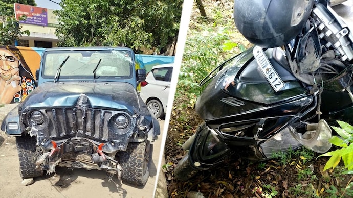 Following the collision, the Thar became uncontrollable and struck a roadside pole. (Credits: Vishal Sharma) Jaipur Thar Collision