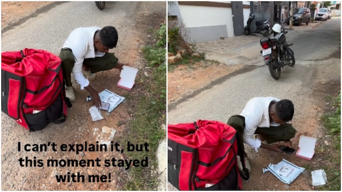 Karnataka woman’s brief encounter with delivery agent leaves her fighting back tears (Photos: Sheetal Prasad/Instagram) Karnataka woman delivery agent video
