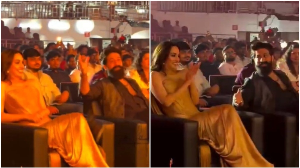 Yash protects Kiara Advani from metal object at Toxic event. (Credit: X/thala_speaks) Yash protects Kiara Advani from metal object at Toxic event.