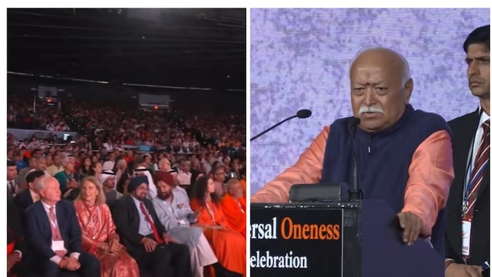 RSS chief Mohan Bhagwat addressing the Indian community at the iconic Madison Square Garden in New York on Sunday.