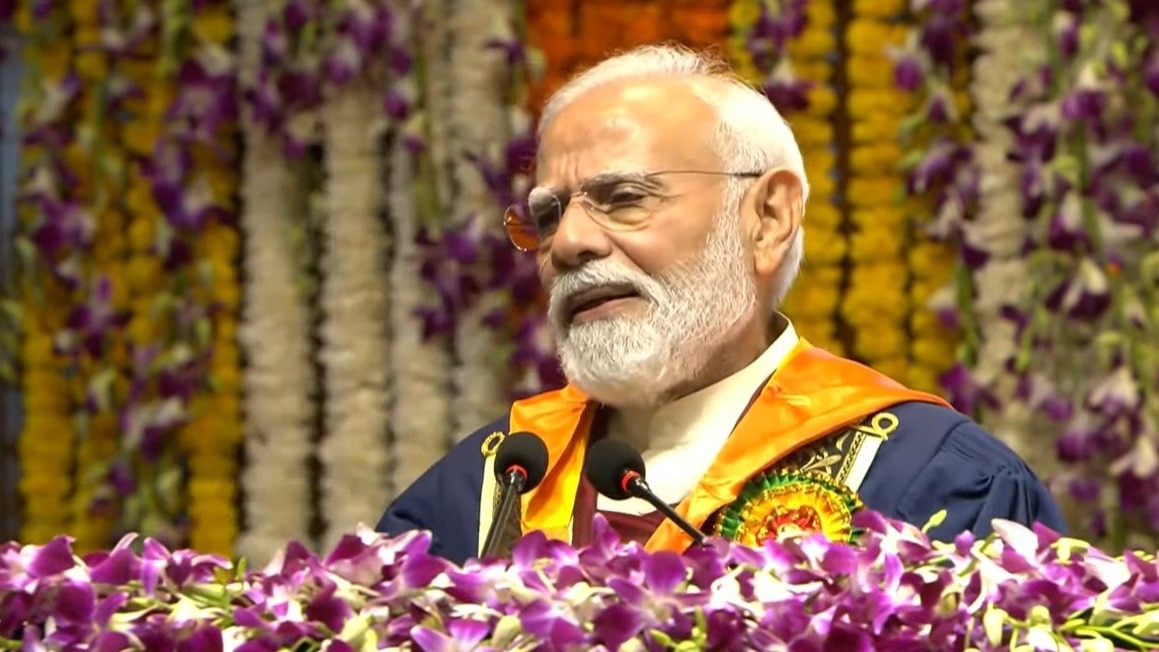 Prime Minister Narendra Modi addressing a large audience of students and faculty at the IIT Delhi 57th Convocation ceremony.