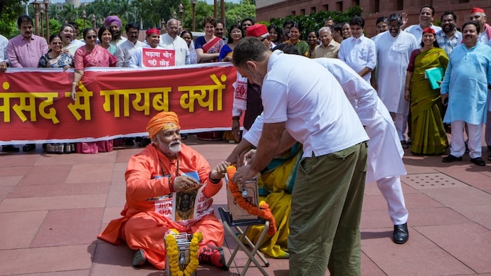 Rahul Gandhi and other Opposition leaders stage a protest over the embezzlement of donations at Ram Temple. (PTI photo)