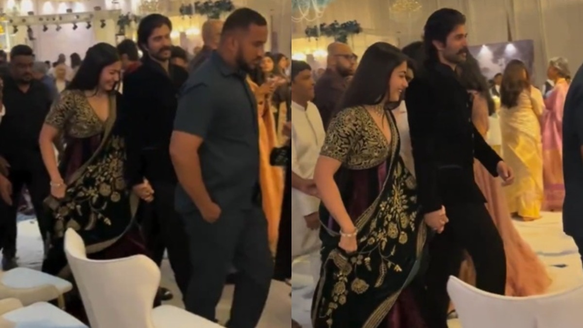 Rashmika Mandanna and Vijay Deverakonda made their public appearance after her hip injury. Rashmika Mandanna and Vijay Deverakonda.