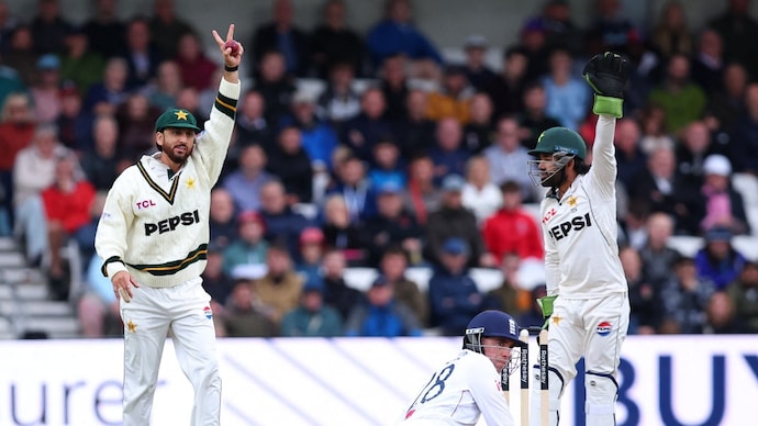 Pakistan’s fielding woes were exposed by a bizarre Rizwan-Salman-Lawrence mix-up. (Photo: Reuters) Salman Ali Agha, Mohammed Rizwan, Dan Lawrence, England vs Pakistan, Headingley