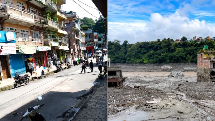 Nepal's Trishuli Bazaar, once a bustling market town is now a wasteland of muddy water and debris. trishuli bazaar devastation