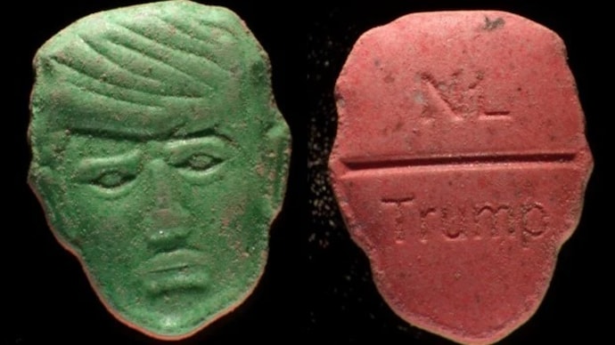 The pills feature an image resembling Trump's face on one side, while the other side is stamped with the words “Trump” and “NL.” (Credits: Instagram/Trimbos Institute) Trump ectsasy pills
