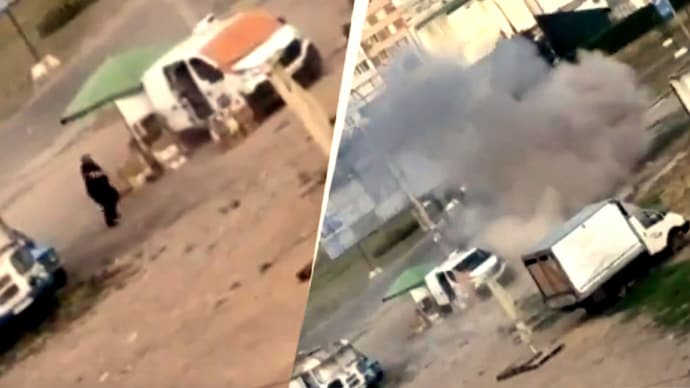 Ukrainian man pleads with drone before it explodes behind him
