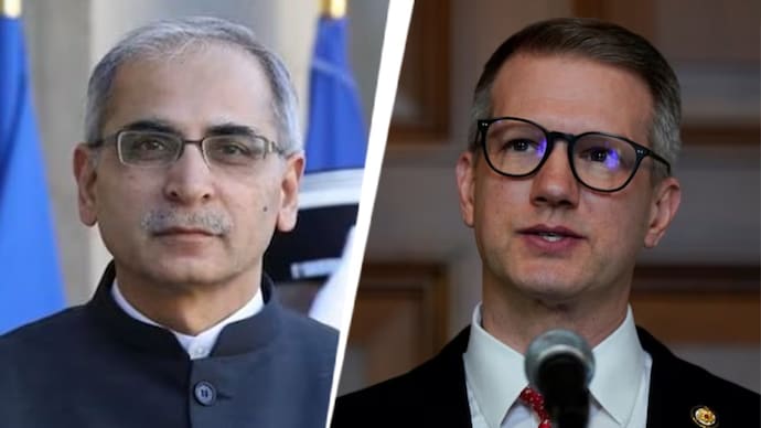Vinay Mohan Kwatra (left) and US Republican lawmaker Riley Moore (R)