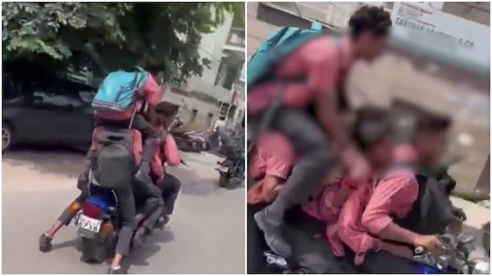 6 students cram onto bike in UP, one sits on another’s shoulders meerut six students on bike