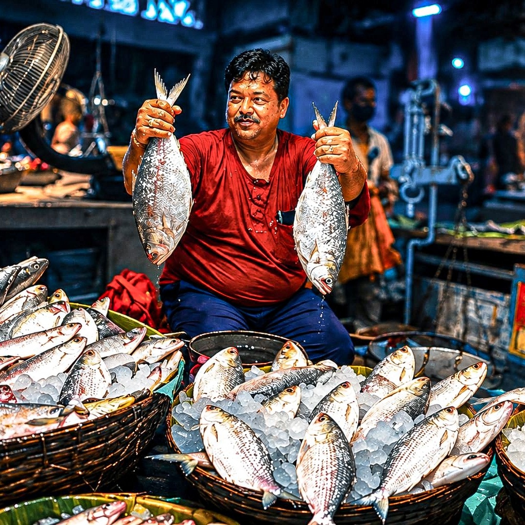 A fish vendor in Kolkata holds up a pair of Padma hilsa imported from Bangladesh in this September 2021 photo. (Image: AFP)