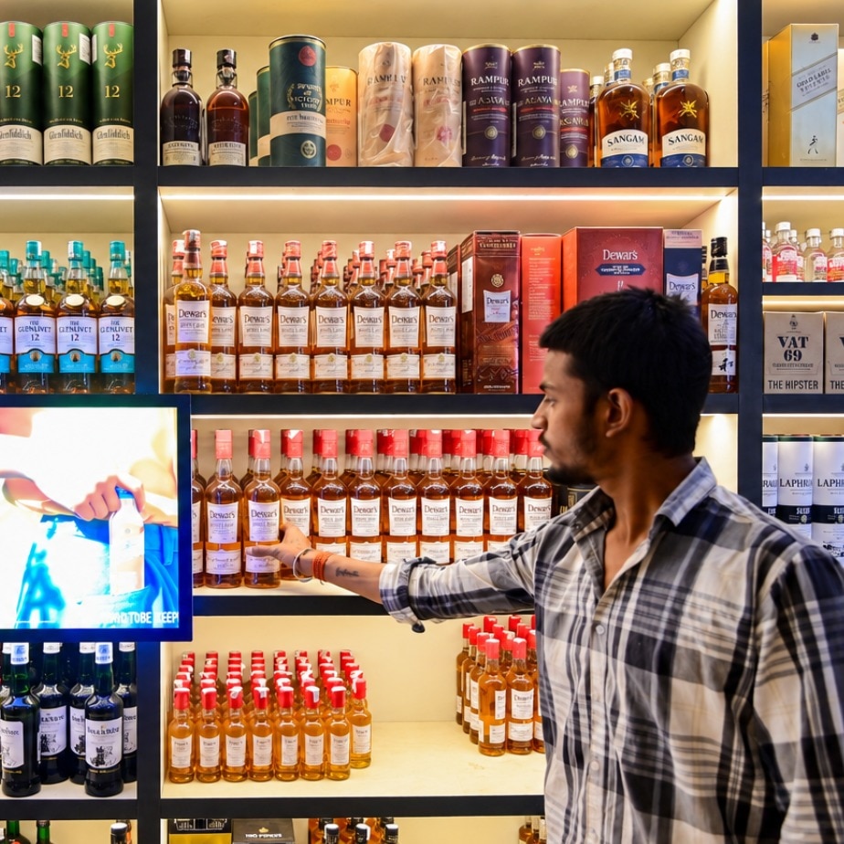 A man browses the shelves of a liquor shop in Prayagraj, Uttar Pradesh. (PTI Photo)