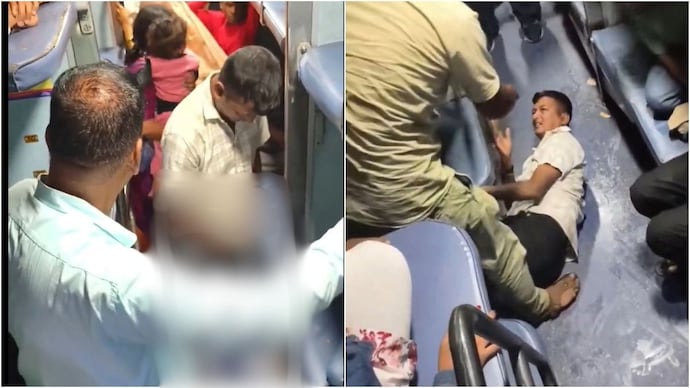 A video showing a man urinating inside a crowded train compartment has gone viral. (Photos: @Khurpenchinfra/X) A video showing a man urinating inside a crowded train compartment has gone viral. (Photos: @Khurpenchinfra/X)