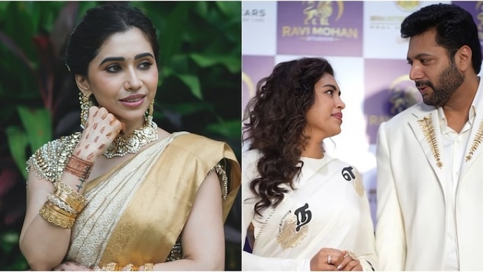 Aarti Ravi (L) shares cryptic jibe at Ravi Mohan (R) as he collaborates with Keneeshaa (C) Aarti Ravi shares cryptic jibe at Ravi Mohan as he collaborates with Keneeshaa