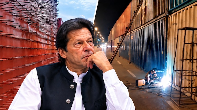 Ahead of PTI's September 27 march, authorities welded together containers blocking Islamabad's roads. Metal spikes or nails were also fixed to some barricades. (Social Media/ AFP) Ahead of PTI's September 27 march, authorities welded together containers blocking Islamabad's roads. Metal spikes or nails were also fixed to some barricades.