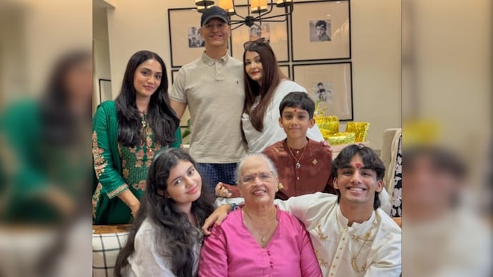 Aishwarya Rai's sister-in-law Shrima Rai shared pics from the family's Rakhi gathering. (Credit: Instagram/shrimarai) Aishwarya Rai poses with brother Aditya, daughter Aaradhya in rare Rakhi family pic