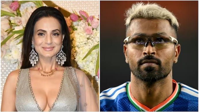 Ameesha Patel (L) mocks trolls over dating rumours with Hardik Pandya (R). Ameesha Patel (L) mocks trolls over dating rumours with Hardik Pandya (R).