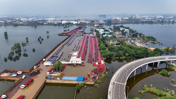 An aerial view shows tractors partially submerged in floodwaters at a dealership stockyard following a rise in the water level of the Punpun river, in Patna, Bihar, Wednesday, Sept. 9, 2026. (PTI Photo) An aerial view shows tractors partially submerged in floodwaters at a dealership stockyard following a rise in the water level of the Punpun river, in Patna, Bihar, Wednesday, Sept. 9, 2026. (PTI Photo)