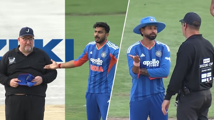 Axar Patel's late wide call was reversed after umpires consulted during India's tense final over. (ScreenGrab: FanCode) Axar Patel, Shreyas Iyer, Japan vs India