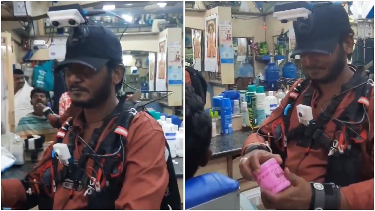 Barber wears high-tech AI suit while cutting customer's hair. Harsh Goenka reacts