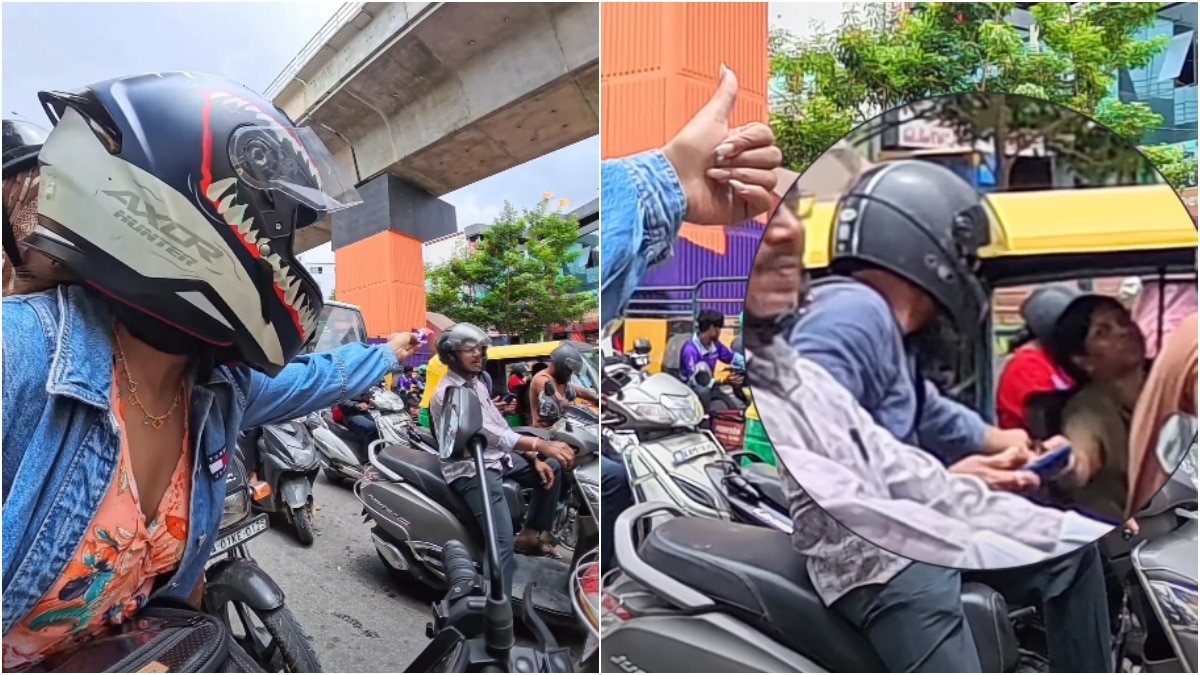 In a Bengaluru traffic jam, a woman biker made an auto driver happy by giving her a chocolate. (Photos: @dimple_with_dumbbell/Instagram) bengaluru