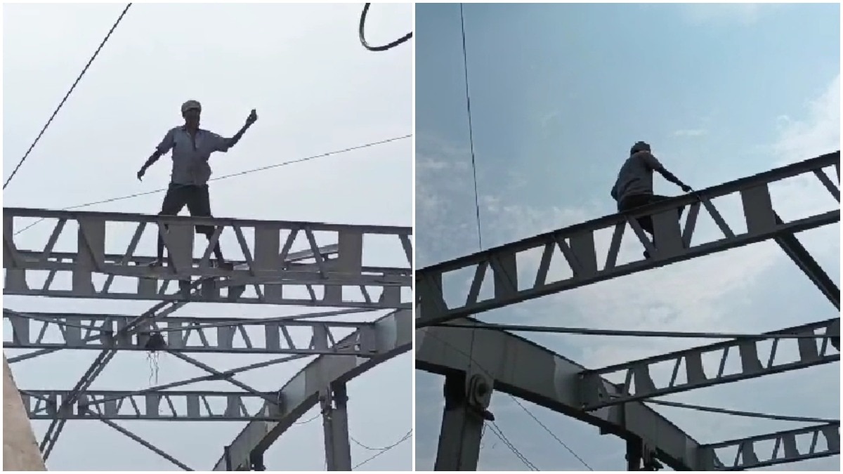 Bihar man climbs on top of overbridge, cops halt traffic and bring crane to rescue him