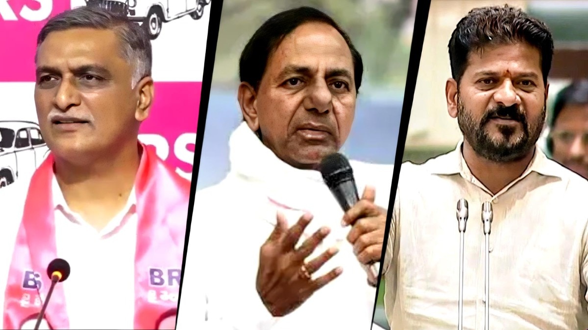 BRS MLA and Legislature Party deputy leader T Harish Rao (left), Former Chief Minister K Chandrasekhar Rao (centre) and Chief Minister A Revanth Reddy (right). (Photo: PTI) BRS MLA and Legislature Party deputy leader T Harish Rao (left), Former Chief Minister K Chandrasekhar Rao (centre) and Chief Minister A Revanth Reddy (right). (Photo: PTI)