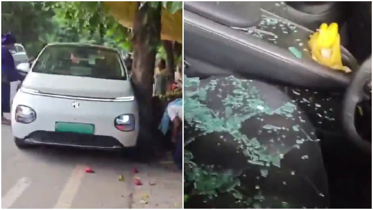 Car drives away without driver as owner runs after it, crashes into cart in Punjab