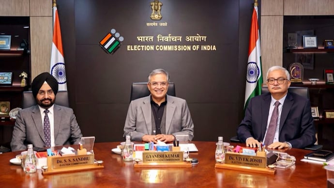 Chief Election Commissioner Gyanesh Kumar with Election Commissioners Sukhbir Singh Sandhu and Vivek Joshi. Chief Election Commissioner Gyanesh Kumar with Election Commissioners Sukhbir Singh Sandhu and Vivek Joshi.