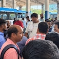 Contractual drivers in Kalkaji Depot speaking to DTC officials of tendering mass resignation. (Image: Avinash Kateel) Contractual drivers in Kalkaji Depot speaking to DTC officials of tendering mass resignation. (Image: Avinash Kateel)