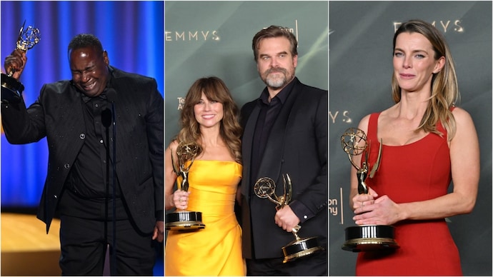 The Pitt's Ernest Harden Jr., DTF St. Louis actors Linda Cardellini and David Harbour, Widow's Bay actor Betty Gilpin won at the Creative Emmys 2026. Photo: AP/AFP Creative Emmys 2026
