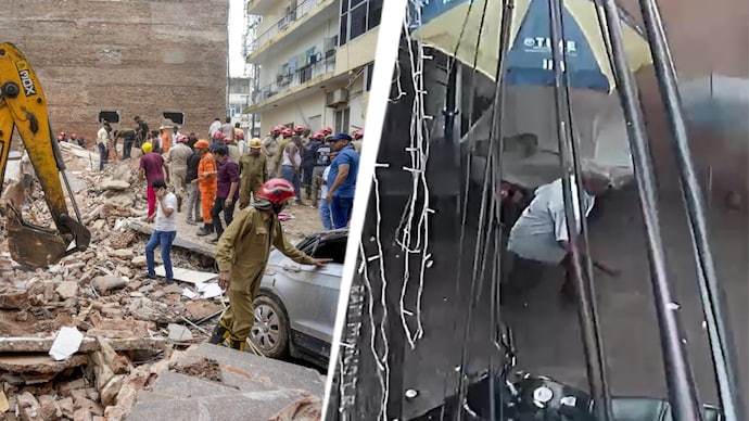 Rescue operation underway after a PG building collapsed at the Satya Niketan area in Delhi on Sunday. (Photo: PTI)