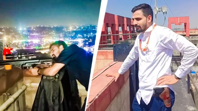 A departmental enquiry has been initiated against the Delhi Police constable. (Image: Screengrabs from viral videos) Delhi cop sniper reel