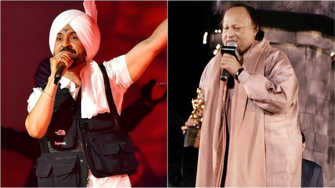 Diljit Dosanjh paid heartfelt tribute to Nusrat Fateh Ali Khan at Wembley (Photo: (L) Getty Images, (R) X) Diljit Dosanjh and Nusrat Fateh Ali Khan