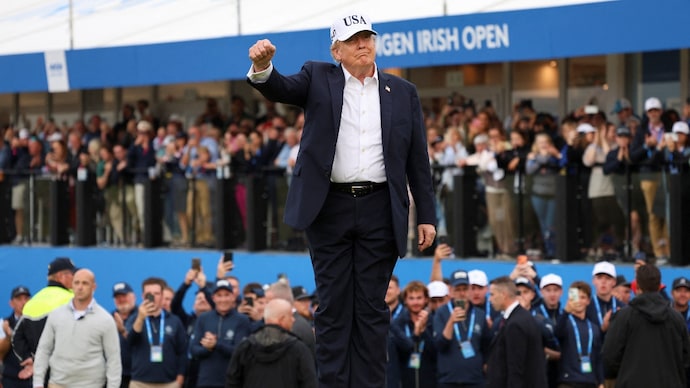 US President Donald Trump reacts at the Amgen Irish Open 2026, at Trump International Golf Links in Doonbeg, County Clare, Ireland. (Photo- Reuters)
