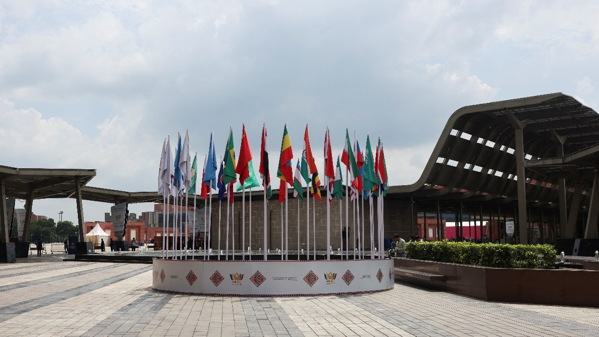 Flags of the member countries at the Bharat Mandapam, the venue of BRICS Summit, in New Delhi. (Image: Reuters) Flags of the member countries at the Bharat Mandapam, the venue of BRICS Summit, in New Delhi