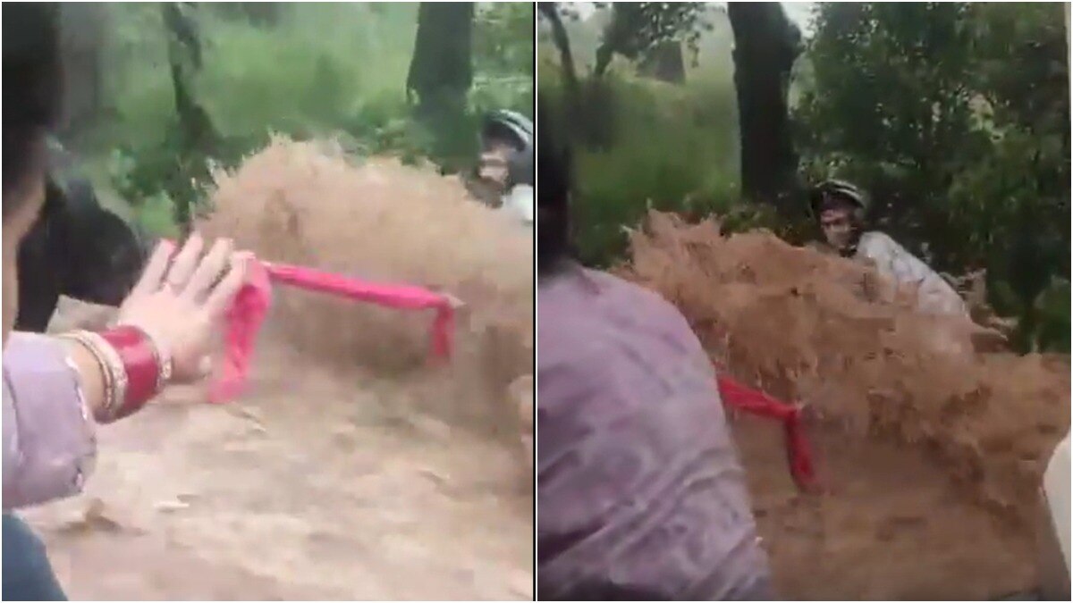 Newlywed woman uses dupatta as makeshift rope to rescue biker from Himachal flash flood; rescue caught on camera