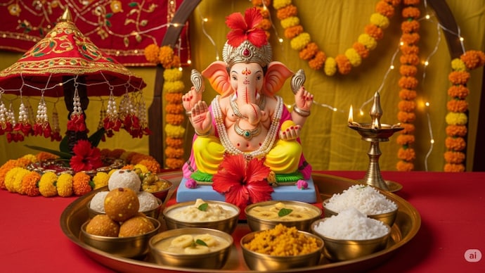 Ganesh Chaturthi celebrations in Maharashtra often feature traditional bhog prepared at home for Lord Ganesha(Photo: AI Generated) Ganesh Chaturthi Bhog 2025
