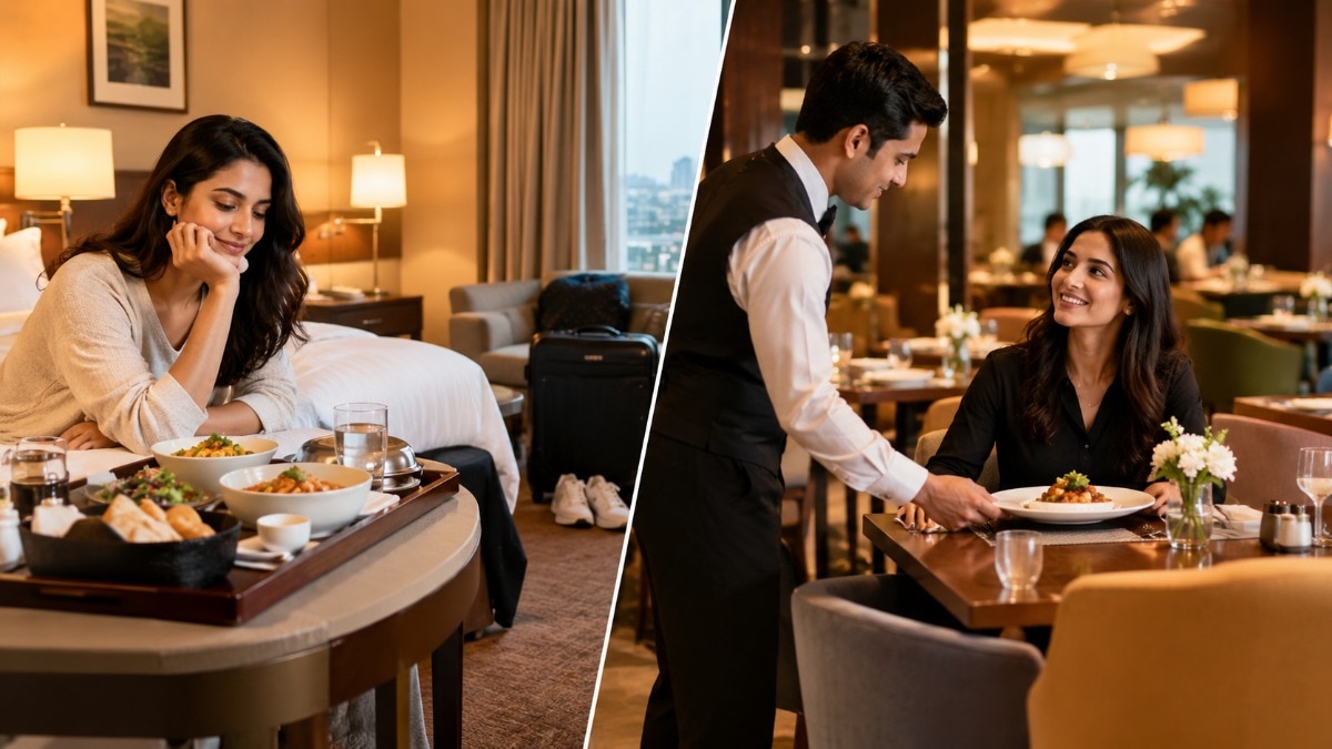Hotel guests often choose between eating in their room and dining at the property's restaurant. (AI-generated image)