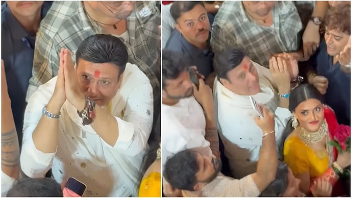 Govinda at Lalbaugcha Raja with Komal Rani Swarnkar. (Credit: Instagram/paphq) Govinda at Lalbaugcha Raja with Komal Rani Swarnkar.