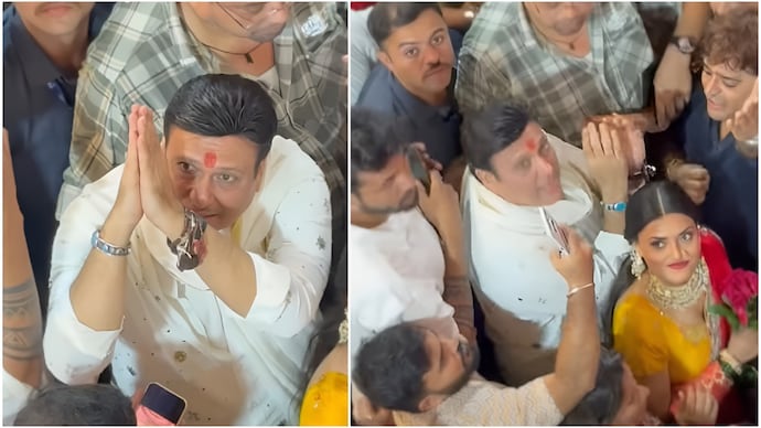 Govinda at Lalbaugcha Raja with Rani Swarnkar. (Credit: Instagram/paphq) Govinda at Lalbaugcha Raja with Komal Rani Swarnkar.