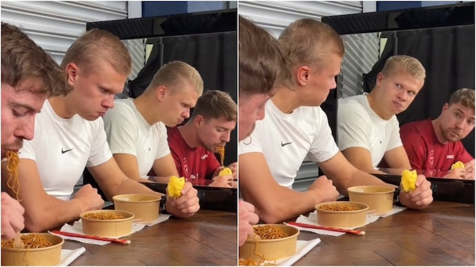 Erling Haaland and MrBeast recreated the hilarious AI-generated 'scared' face meme. (Photos: mrbeast/Instagram) Haaland