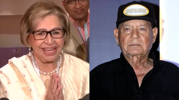 Helen (L) accepts Raj Kapoor Lifetime Award on husband Salim Khan's (R) behalf (Photo: ANI/ PTI) Helen accepts award on Salim Khan’s behalf, reassures fans about his health
