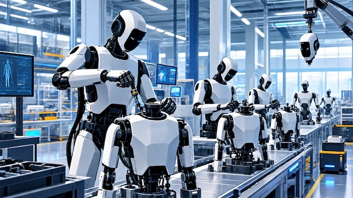 Representative image created using AI Humanoid Robot Assembly Line