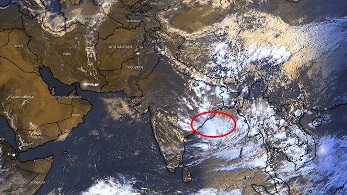 A satellite image is illustrated to show the brewing system in the Bay of Bengal. (Photo: Windy) India looks rain-free from space. But a weather twist is building in Bay of Bengal