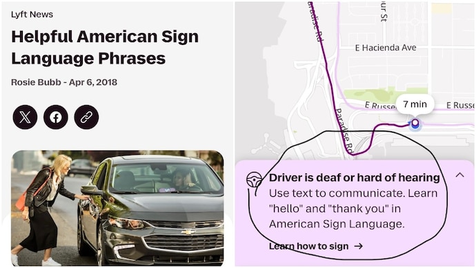 Indian founder books cab in US, gets sign language guide for specially-abled driver (Photos: @gauravkheterpal/X) Indian founder books cab in US, gets sign language guide for specially-abled driver
