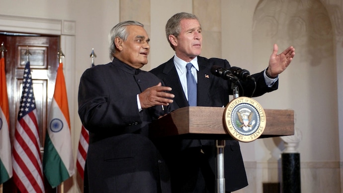 PM Atal Bihari Vajpayee with US President George W Bush in Washington, DC, in November 2001, two months after Bush waived sanctions imposed on India in 1998. (Image: Getty Images) Indian PM Atal Bihari Vajpayee in a press conference in Washington DC alongside President George W Bush. (Image: Getty Images)