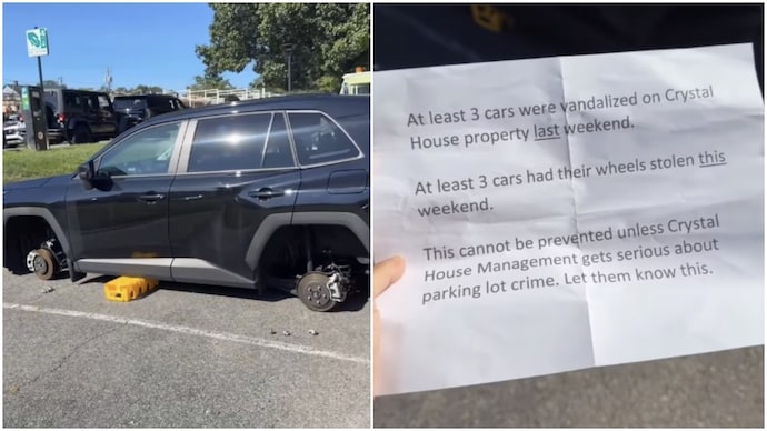 Indian woman in US finds brother’s car with tyres stolen, thieves leave a note behind (Photos: @aishikasoney/Instagram) Indian woman in US finds brother’s car with tyres stolen, thieves leave a note behind