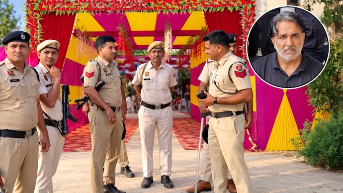 Gangster Mainpal Badli is getting married in Haryana's Jhajjar district while on a 12-hour parole. (Images: AajTak/Getty) interpol red notice gangster mainpal dhilla cambodia extradition mea haryana murder case meta chan wedding parole